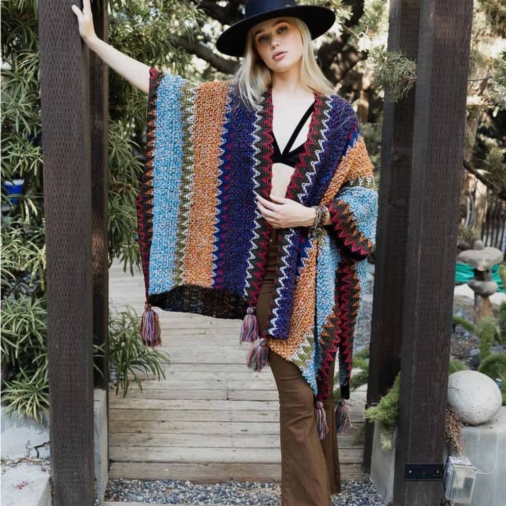 Colorful Crochet Patterned Ruana in Indigo - Picture 13 of 14